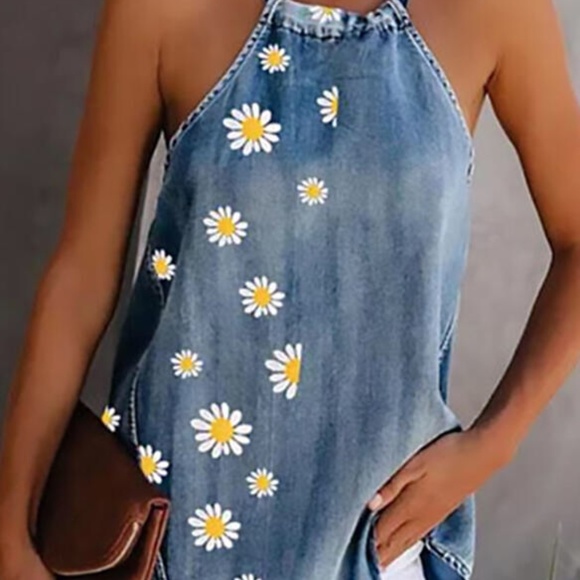Tops - NWT Halter Style Denim Floral Blouse w/ strap tie in back HP 5/17, 4/25 A-list